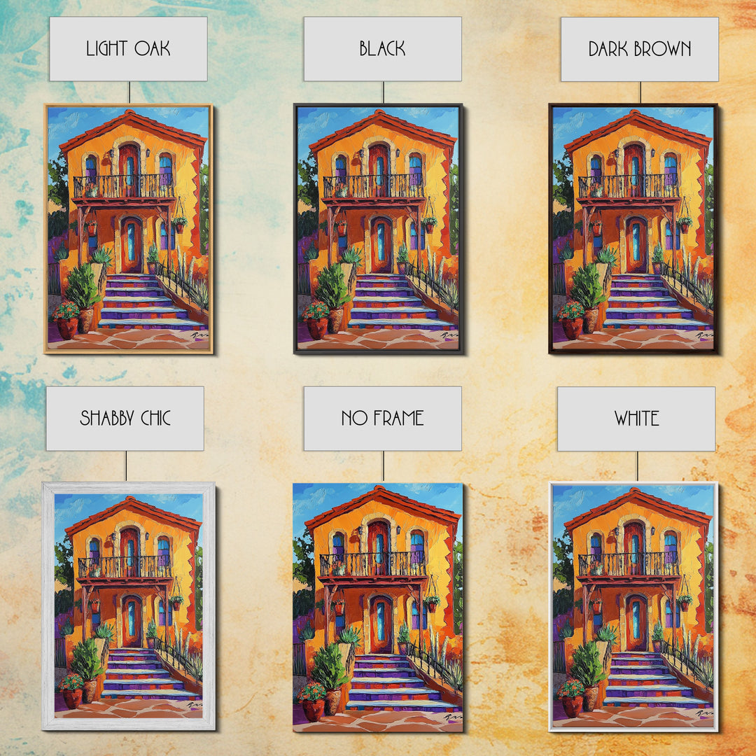 Adobe House, Vibrant Southwest, Fall Architecture Wall Art, Canvas Print, Rustic Staircase Scene, Boho Living Room Decor, Warm Entryway Art