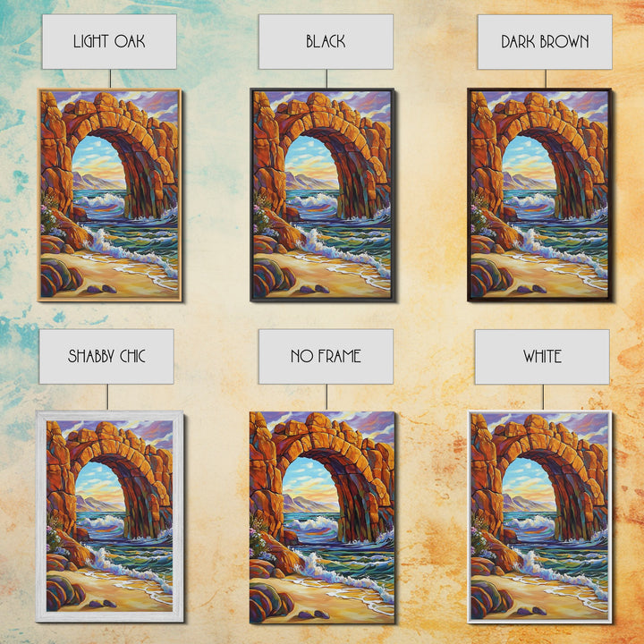 Ocean Arch, Wave Drama, Cliff Coast, Sunset Light, Framed Canvas Print, Living Room Wall Art, Coastal Landscape, Nature Inspired Art
