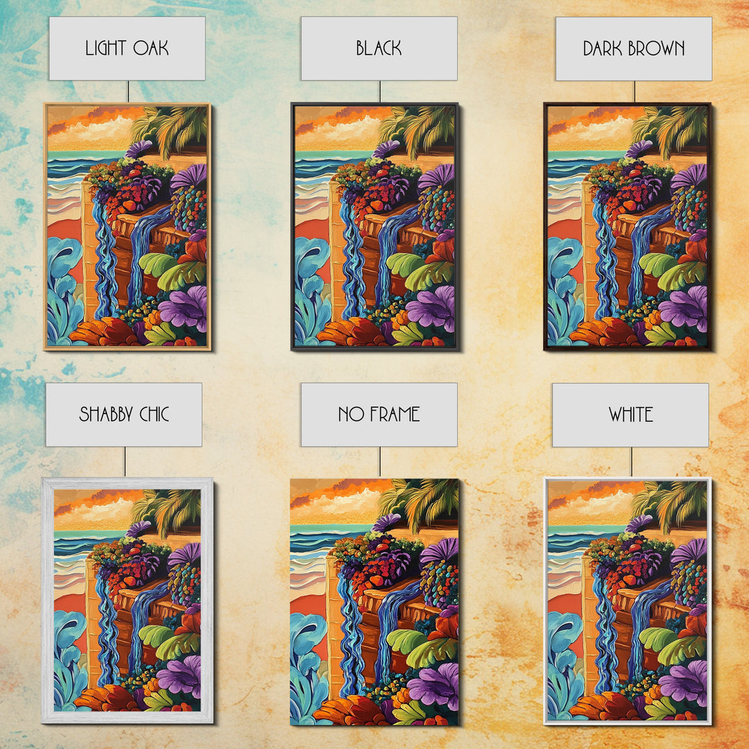 Tropical Garden Waterfall, Coastal Wall Art, Sunset Jungle Scene, Framed Canvas Print, Vibrant Nature Painting, Living Room Boho Art