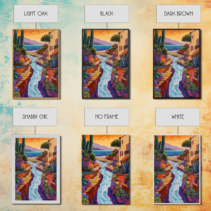 Coastal Pathway Stream, Sunset Cactus Art, Vibrant Garden Trail, Canvas Print, Mediterranean Landscape, Kitchen Wall Decor, Boho Art