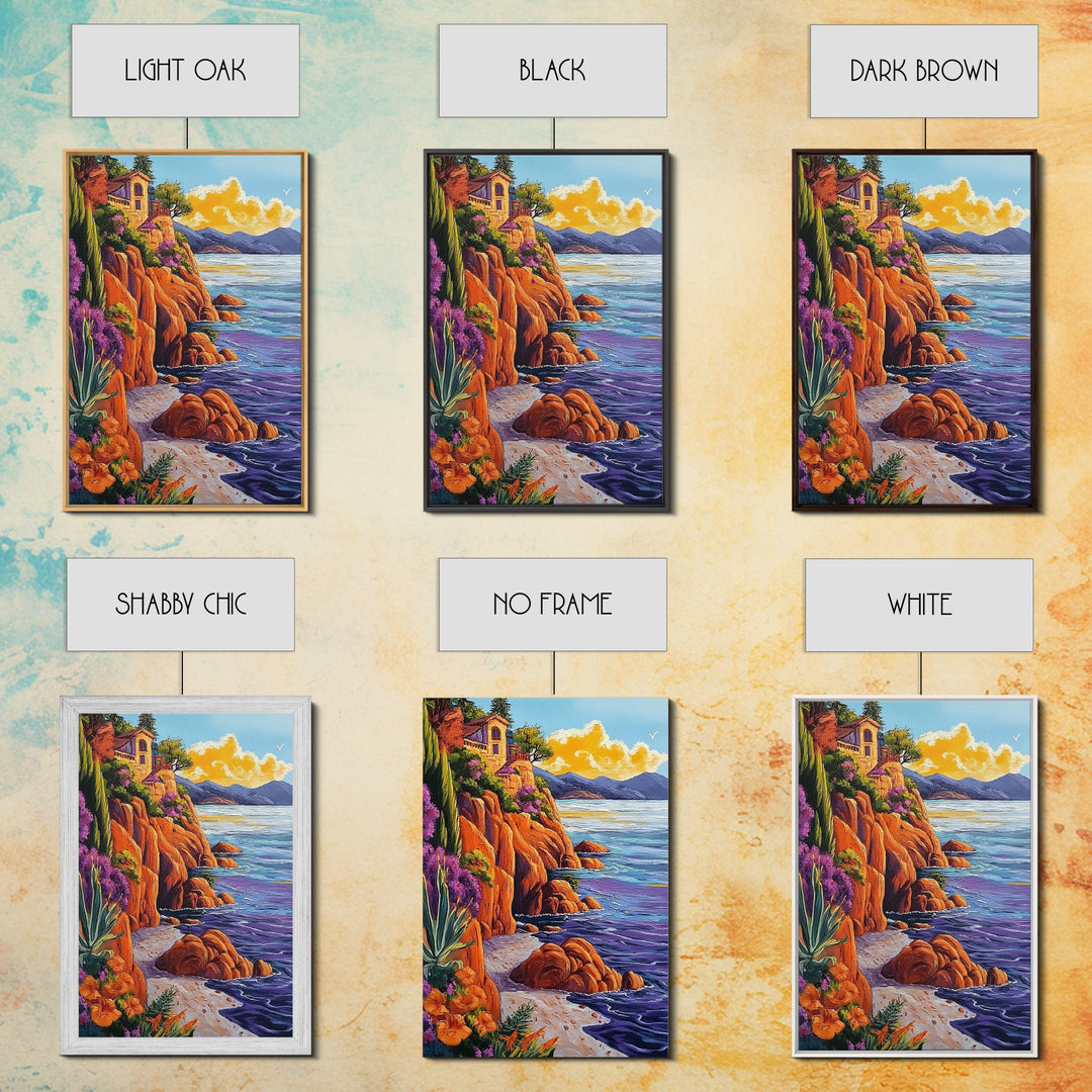 Ocean Cliffside Villa, Seaside Sunset Art, Purple Water Shoreline, Canvas Print, Kitchen Wall Art, Vibrant Mediterranean Landscape