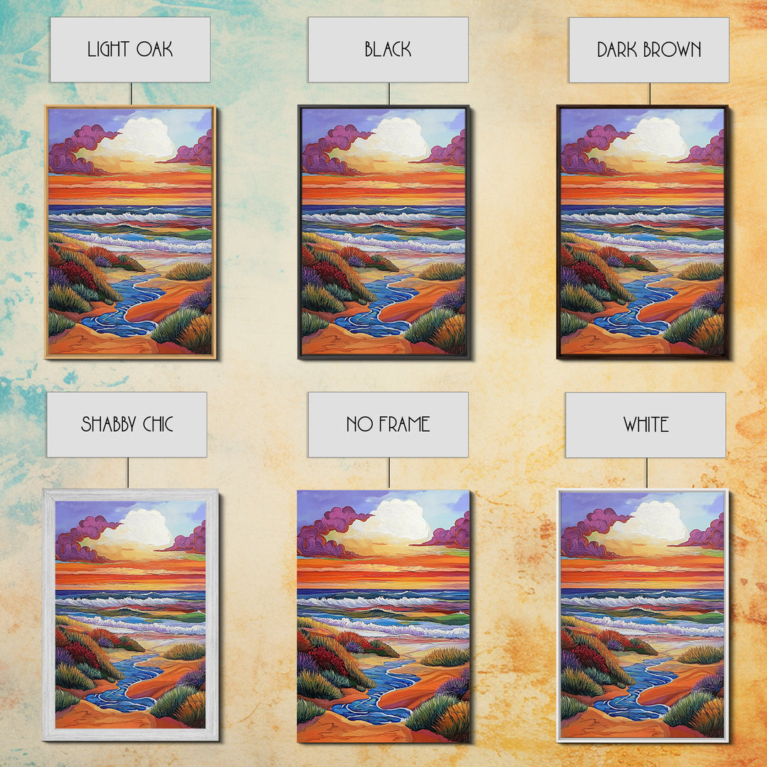 Coastal Sunset, Rolling Waves, Vibrant Beachscape, Boho Ocean Scene, Living Room Wall Art, Seaside Decor, Framed Canvas Print