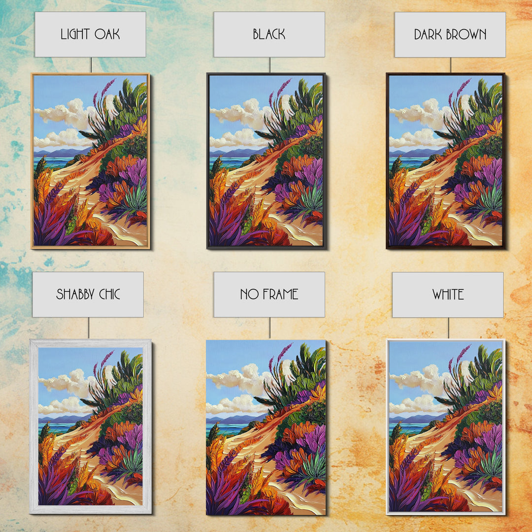Ocean Cliff Path, Colorful Flora, Coastal Desert View, Summer Breeze Art, Beach House Wall Art, Canvas Print, Boho Nature Style