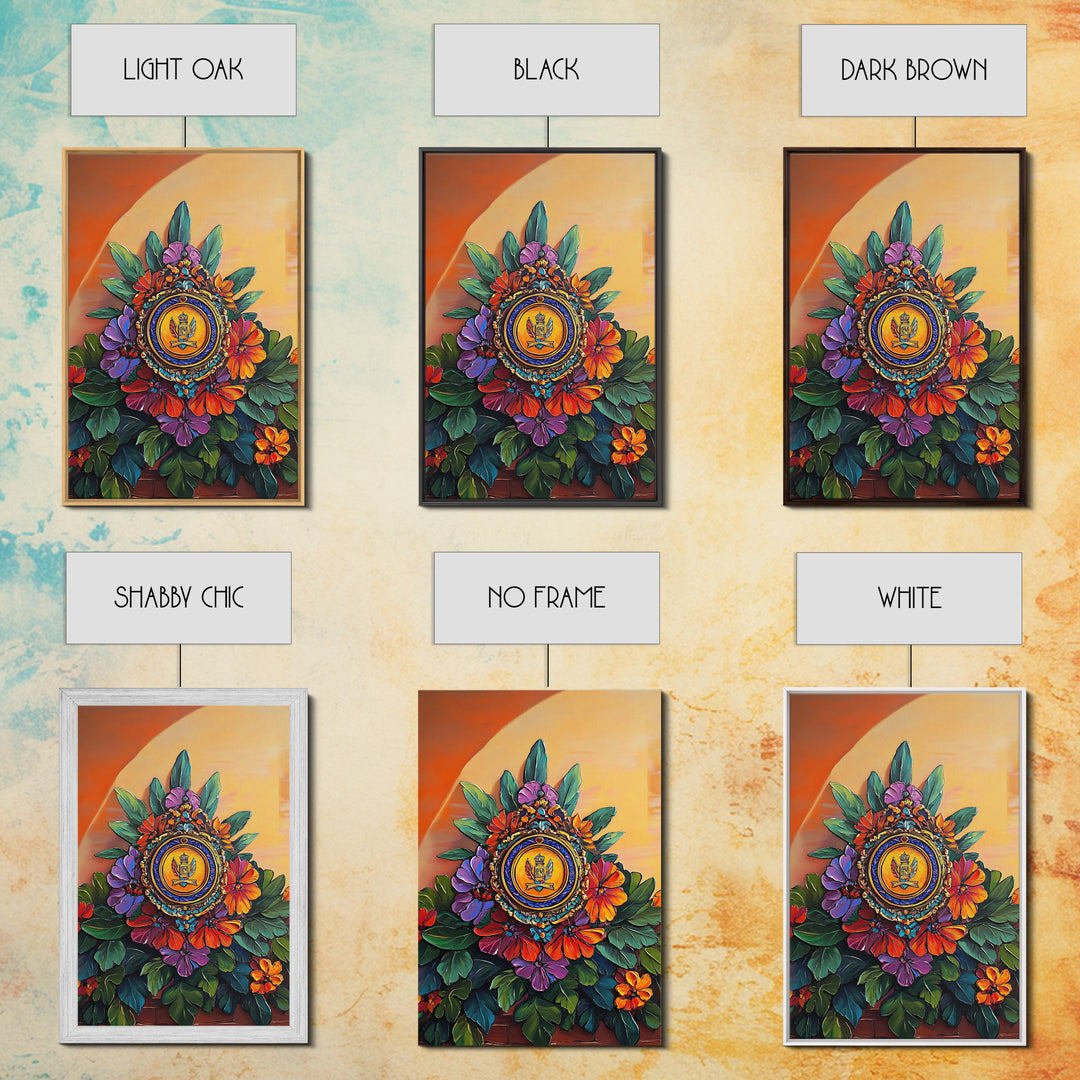 Royal Crest, Floral Emblem, Mediterranean Decor, Vibrant Details, Framed Canvas Print, Kitchen Wall Art, Spanish Wall Art, Regal Vibe