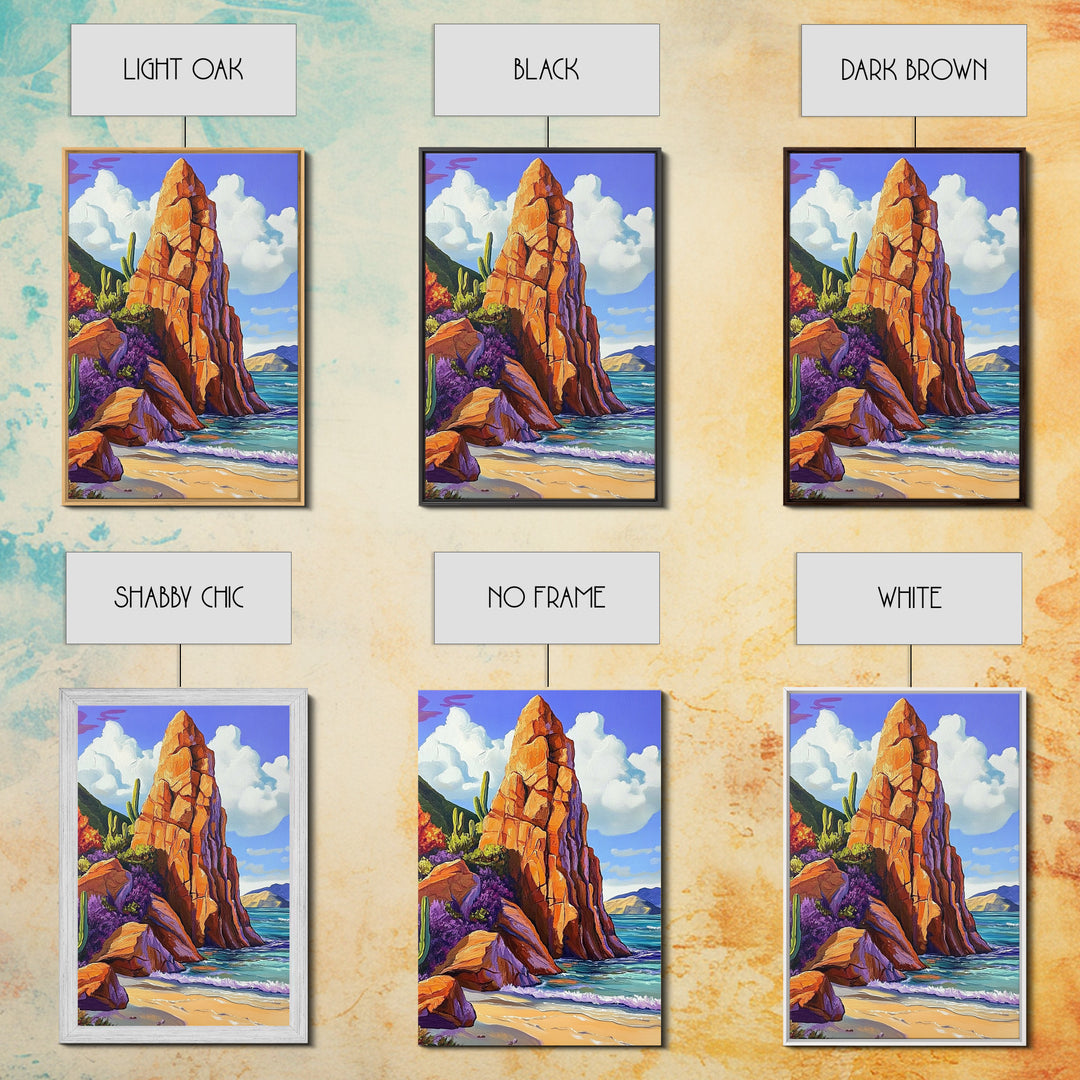 Rocky Spire, Cactus Landscape, Desert Coastline, Nature Escape, Framed Canvas Print, Western Wall Art, Adventure Travel Aesthetic