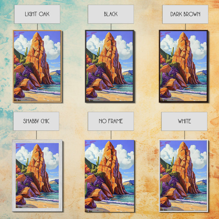 Rocky Spire, Cactus Landscape, Desert Coastline, Nature Escape, Framed Canvas Print, Western Wall Art, Adventure Travel Aesthetic