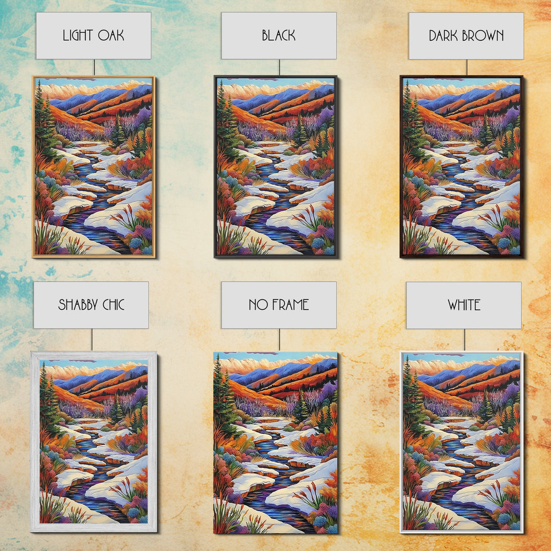 Autumn Snow Creek, Mountain Fall Scene, Nature River Painting, Framed Canvas Print, Cozy Living Room Wall Art, Rustic Cabin Style