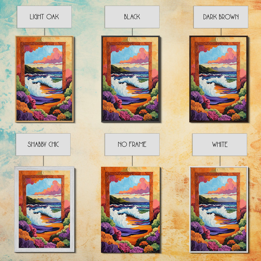 Ocean Frame, Crashing Waves, Surreal Seascape, Floral Shoreline, Framed Canvas Print, Coastal Wall Art, Bathroom Decor, Dreamy Beach Art