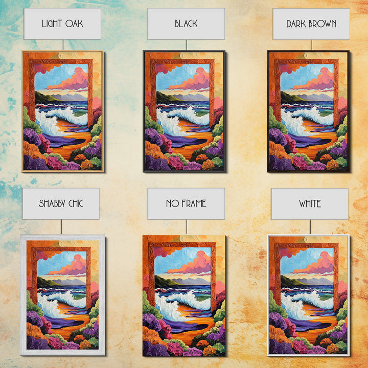 Ocean Frame, Crashing Waves, Surreal Seascape, Floral Shoreline, Framed Canvas Print, Coastal Wall Art, Bathroom Decor, Dreamy Beach Art