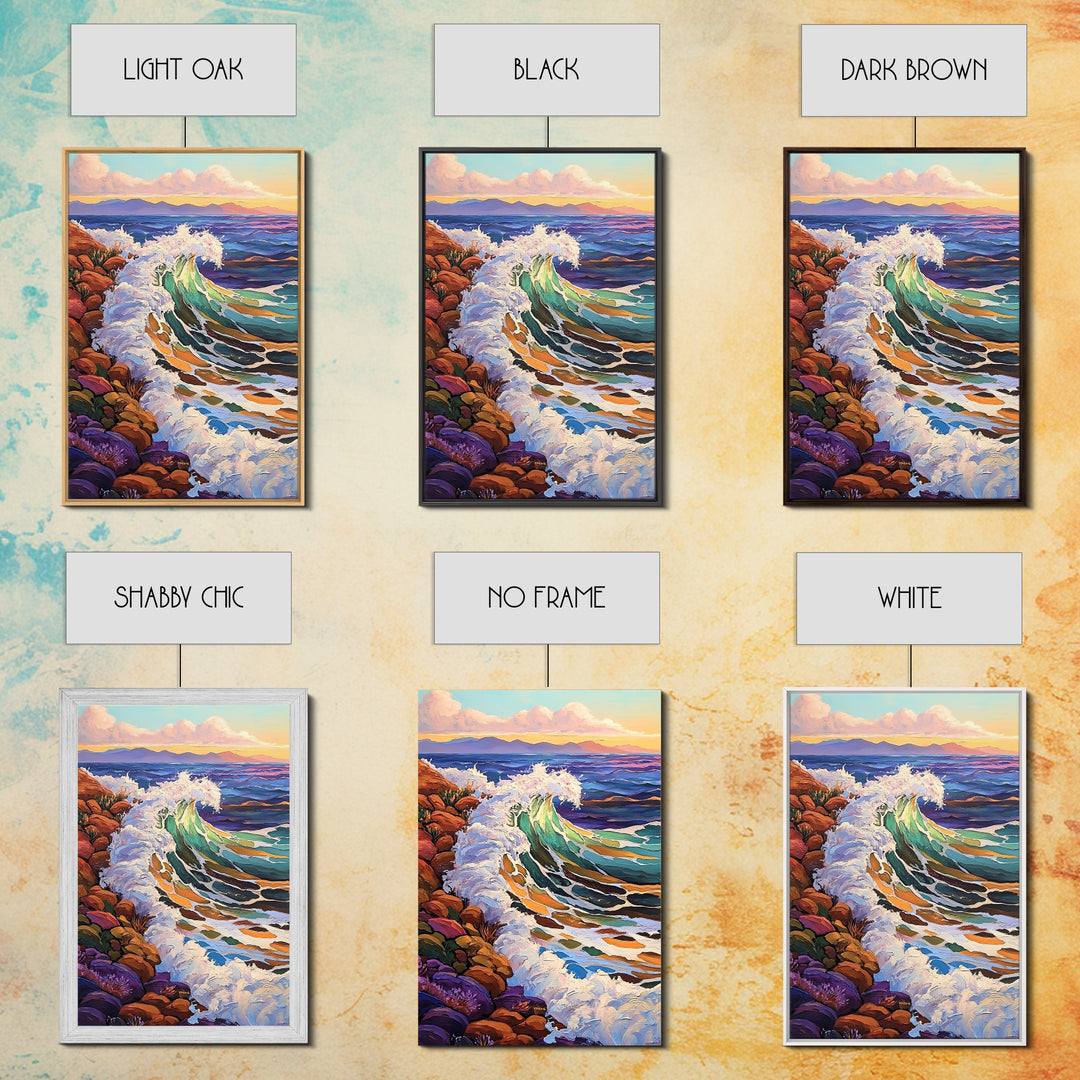 Crashing Ocean Wave, Rocky Coastline Scene, Vibrant Beach Art, Framed Canvas Print, Nature Inspired, Coastal Living Room Wall Art