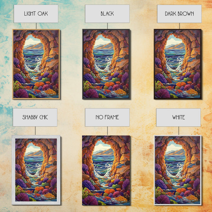 Ocean Cave Window, Underwater Scene, Marine Life, Coral Reef, Framed Canvas Print, Bathroom Wall Art, Coastal Decor, Nautical Art