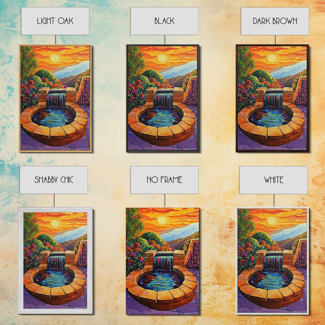 Brick Fountain Sunset, Peaceful Garden Oasis, Warm Tones, Autumn Wall Art, Framed Canvas Print, Serene Patio or Hallway Decor