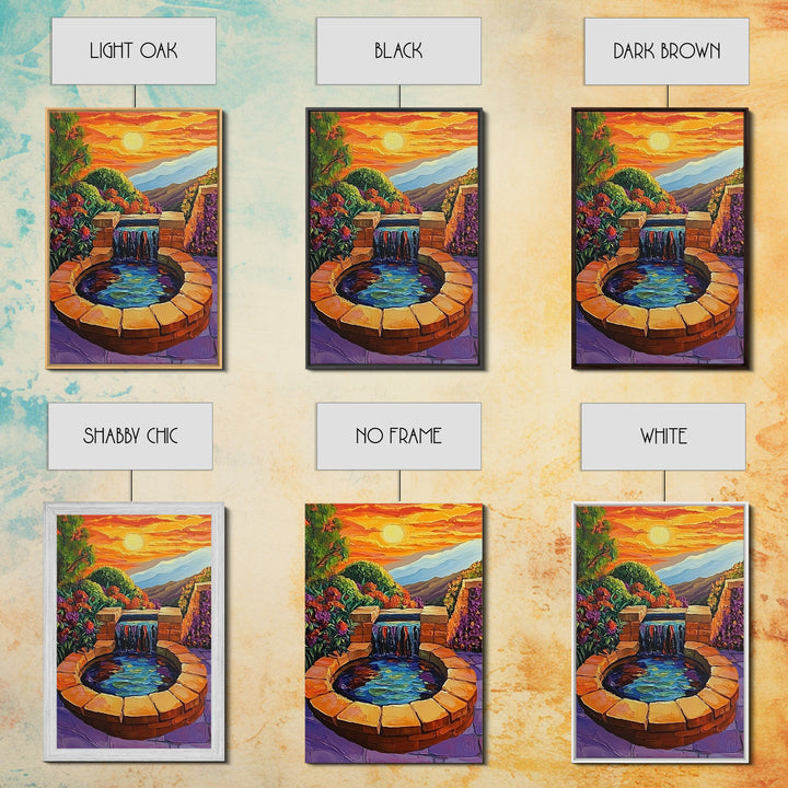 Brick Fountain Sunset, Peaceful Garden Oasis, Warm Tones, Autumn Wall Art, Framed Canvas Print, Serene Patio or Hallway Decor