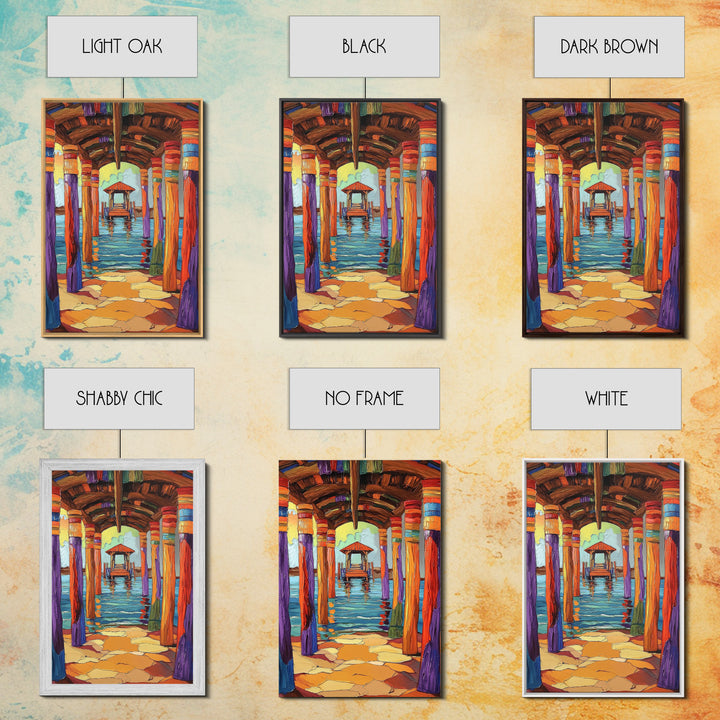 Dock Walkway, Tropical Pier, Ocean View, Beach Art, Framed Canvas Print coastal home decor, hallway wall art, vibrant nautical painting