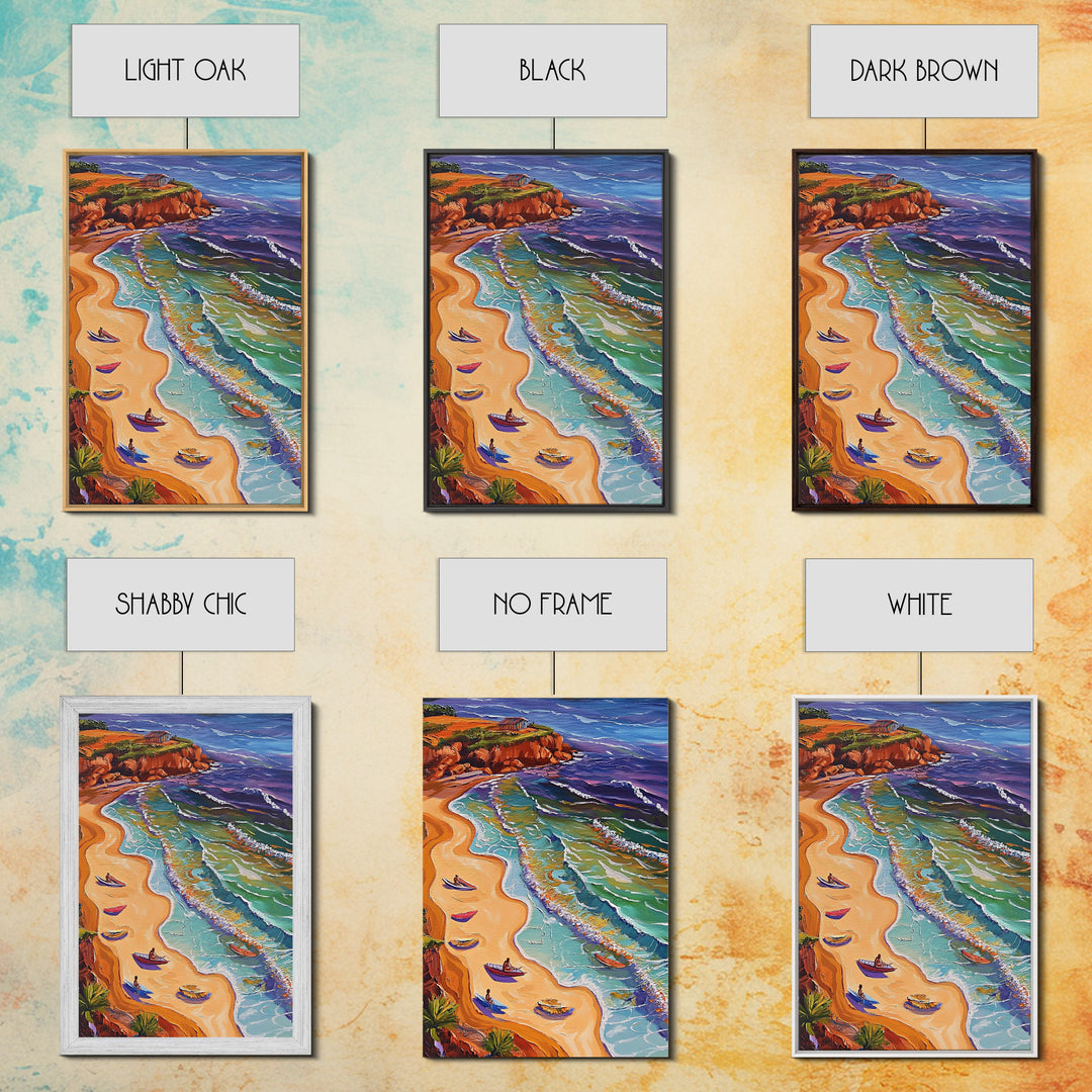 Beach Waves, Boats, Aerial Coastal Landscape, Framed Canvas Print, Boho Ocean Art, Bathroom Wall Decor, Vibrant Nautical Artwork
