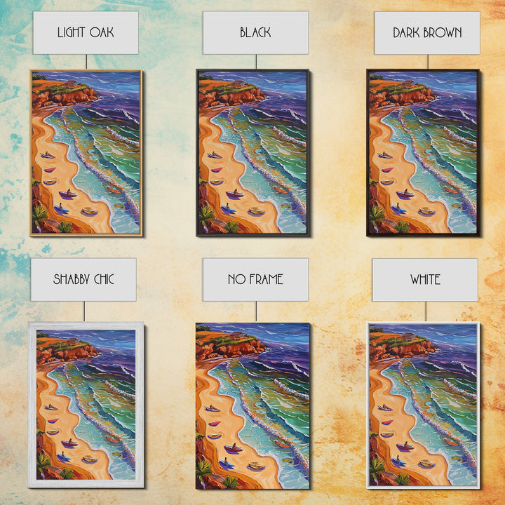 Beach Waves, Boats, Aerial Coastal Landscape, Framed Canvas Print, Boho Ocean Art, Bathroom Wall Decor, Vibrant Nautical Artwork