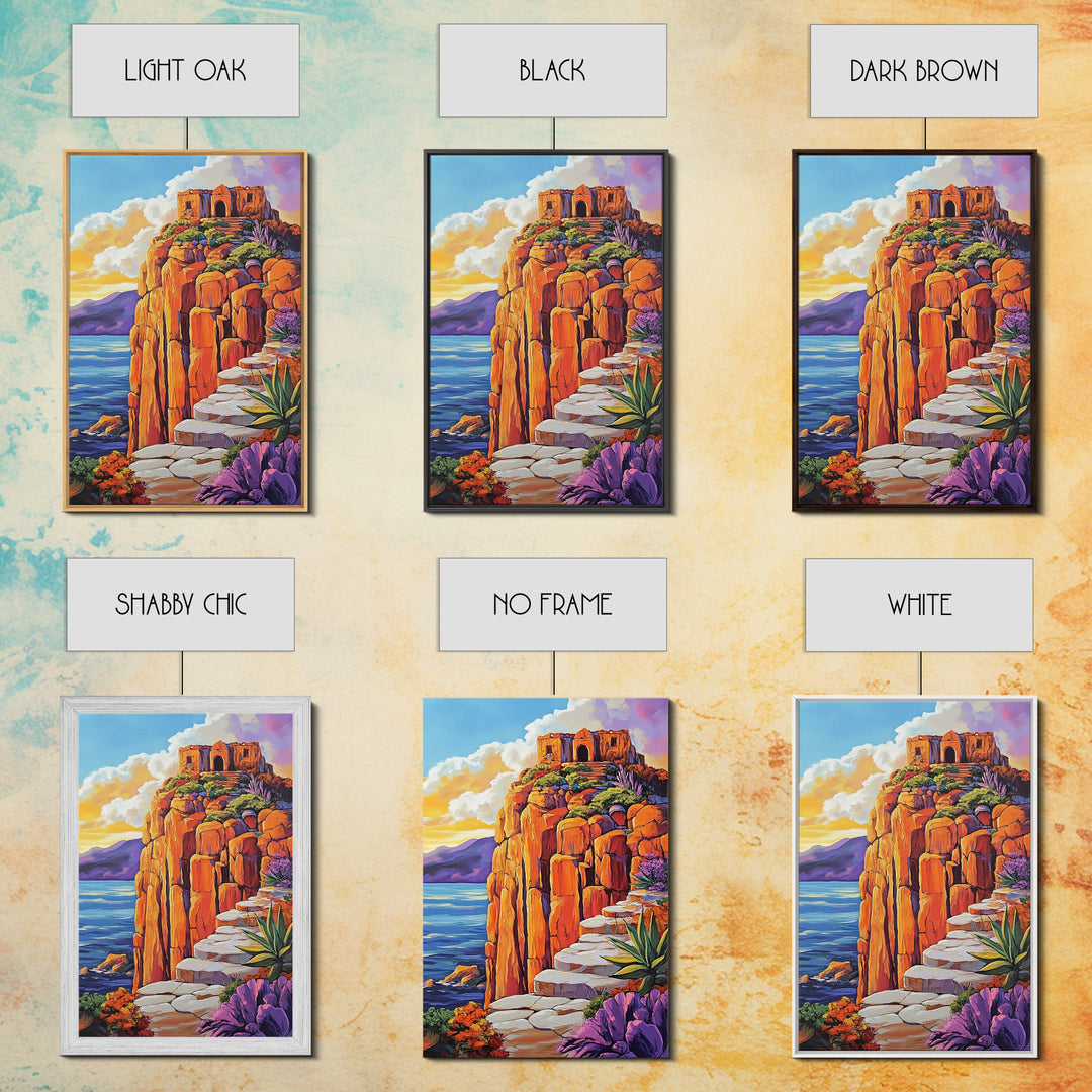 Cliffside Ruins, Ocean, Sunset Ancient Fortress Art, Framed Canvas Print, Dramatic Living Room Wall Decor, Southwest Adventure Style