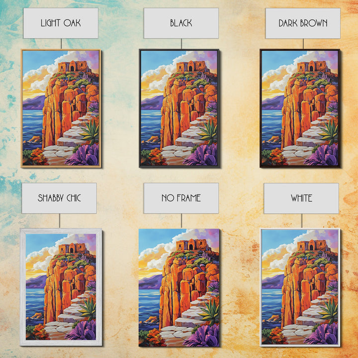 Cliffside Ruins, Ocean, Sunset Ancient Fortress Art, Framed Canvas Print, Dramatic Living Room Wall Decor, Southwest Adventure Style