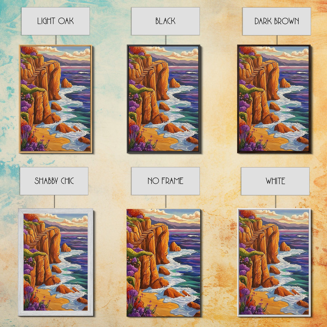 Ocean Cliffside, Path, Sunset, Canvas Print scenic ocean stairs artwork, coastal nature landscape print, Bedroom Wall Art, boho art