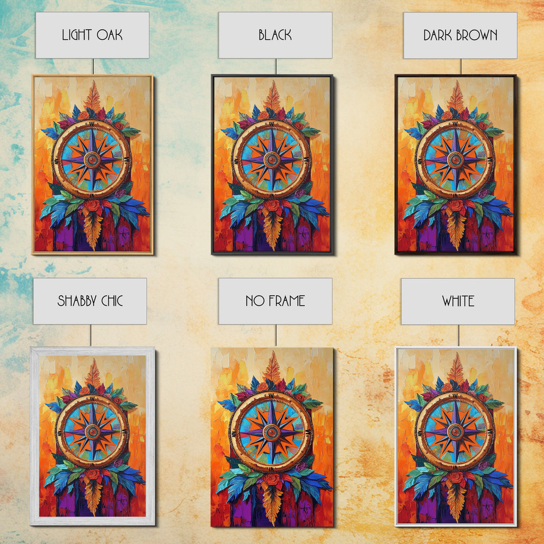 Compass, Rustic, Floral, Wall, Framed Canvas Print, Boho compass rose art with flowers, ideal bohemian home decor or entryway statement art