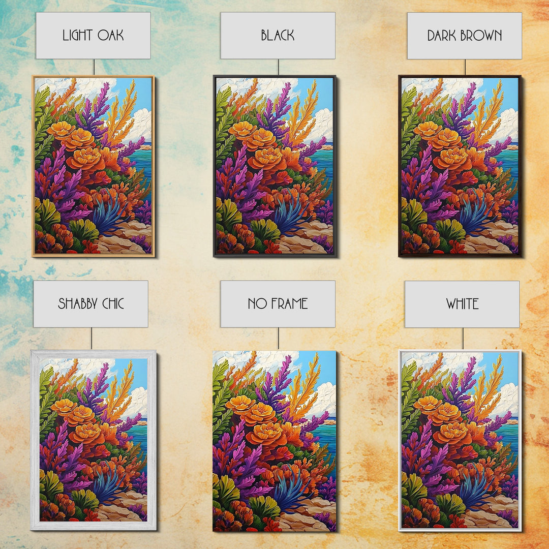 Coastal, Botanical, Garden, Flowers, Framed Canvas Print, Bright coastal flowers with ocean view, ideal summer vibe bathroom or patio wall art