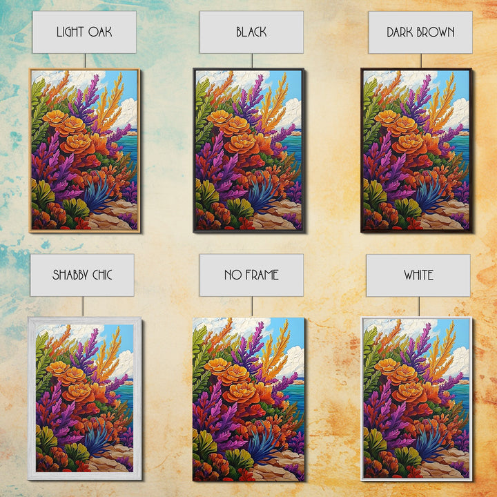 Coastal, Botanical, Garden, Flowers, Framed Canvas Print, Bright coastal flowers with ocean view, ideal summer vibe bathroom or patio wall art