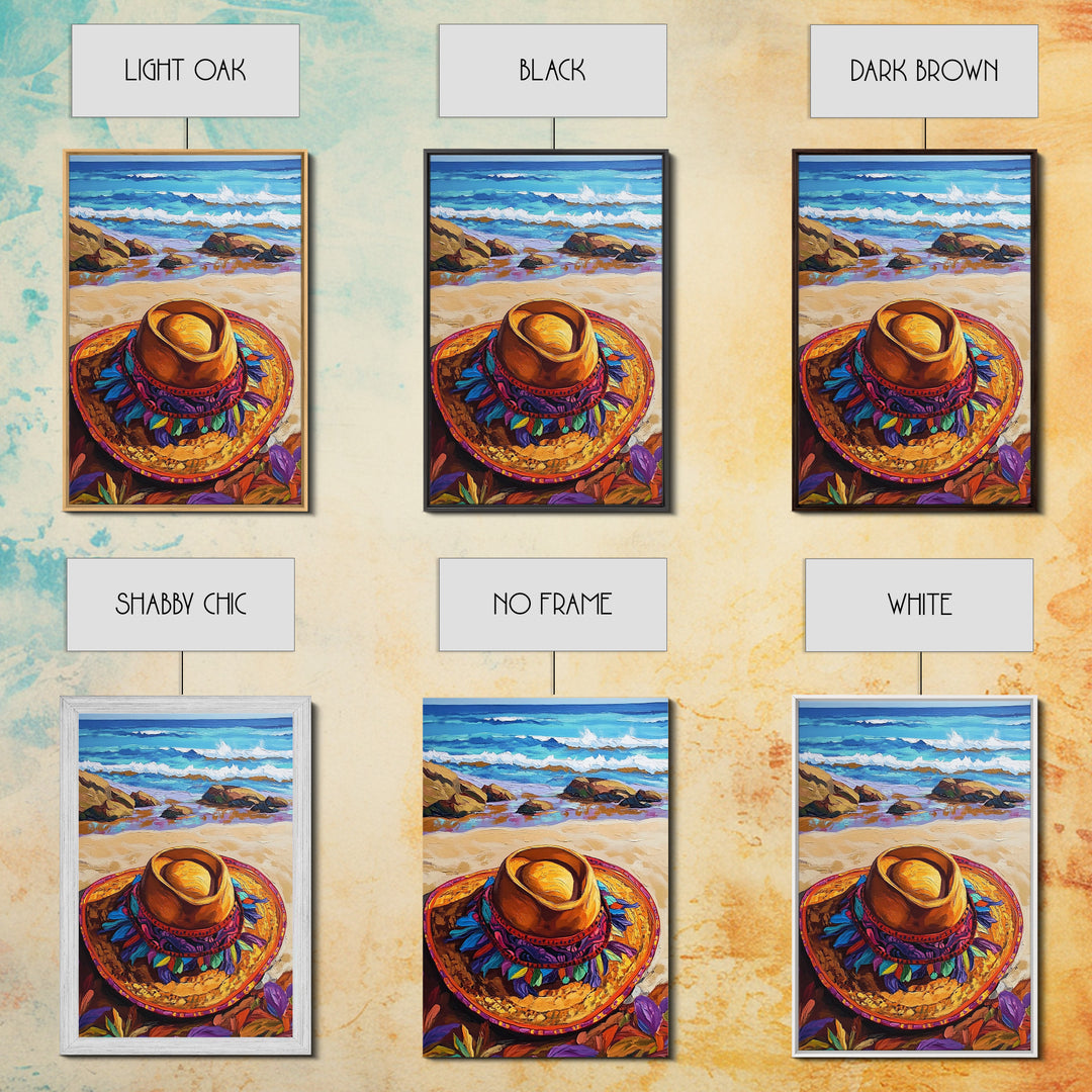 Beach, Hat, Summer, Coastal, Canvas Print, Summer beach scene with festive sombrero, great coastal kitchen or vacation home wall art