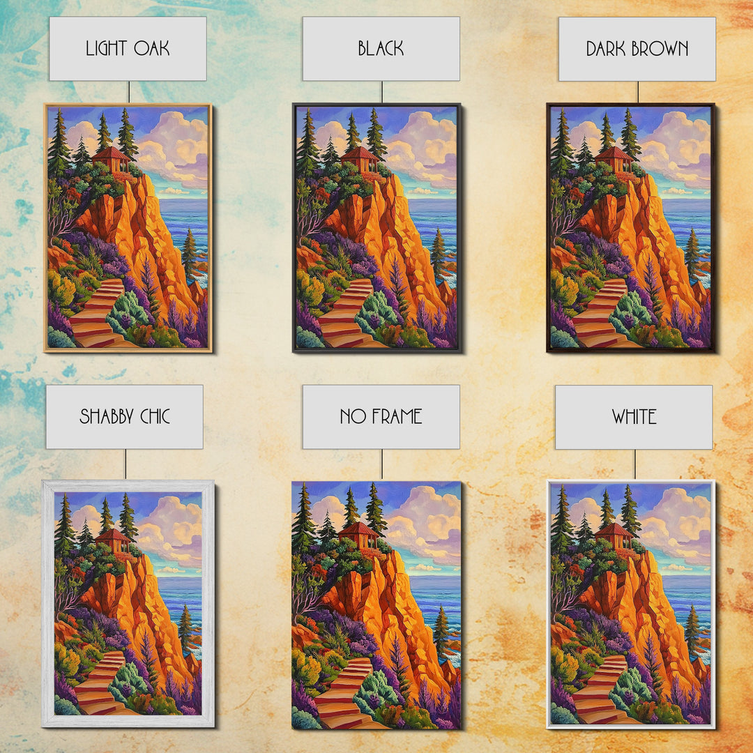 Cliff Cabin, Ocean, Trees, Framed Canvas Print, Seaside cabin on cliff with vivid trees and ocean view, rustic fall living room wall art