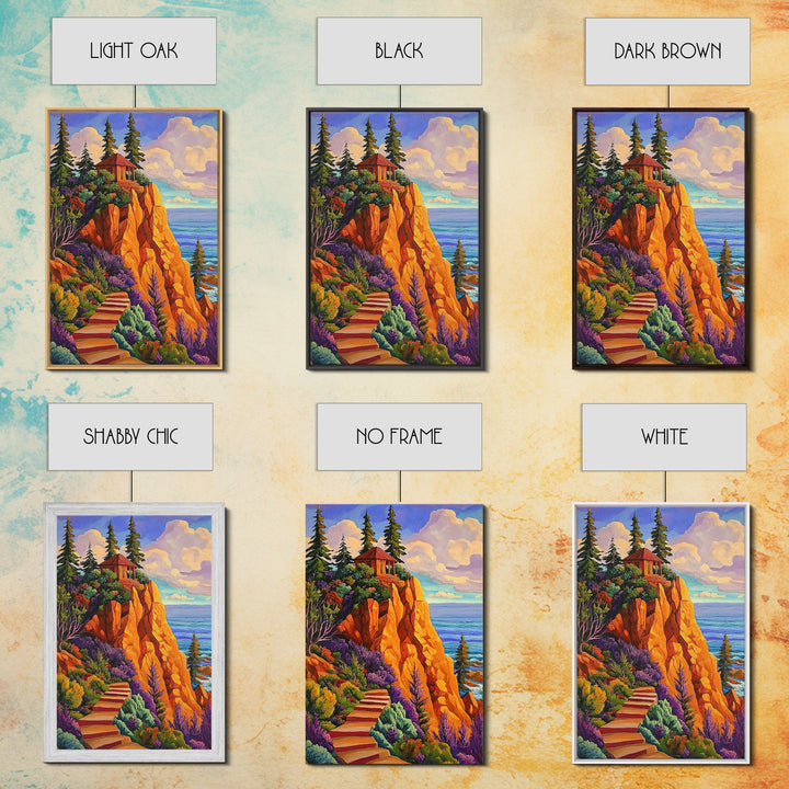 Cliff Cabin, Ocean, Trees, Framed Canvas Print, Seaside cabin on cliff with vivid trees and ocean view, rustic fall living room wall art