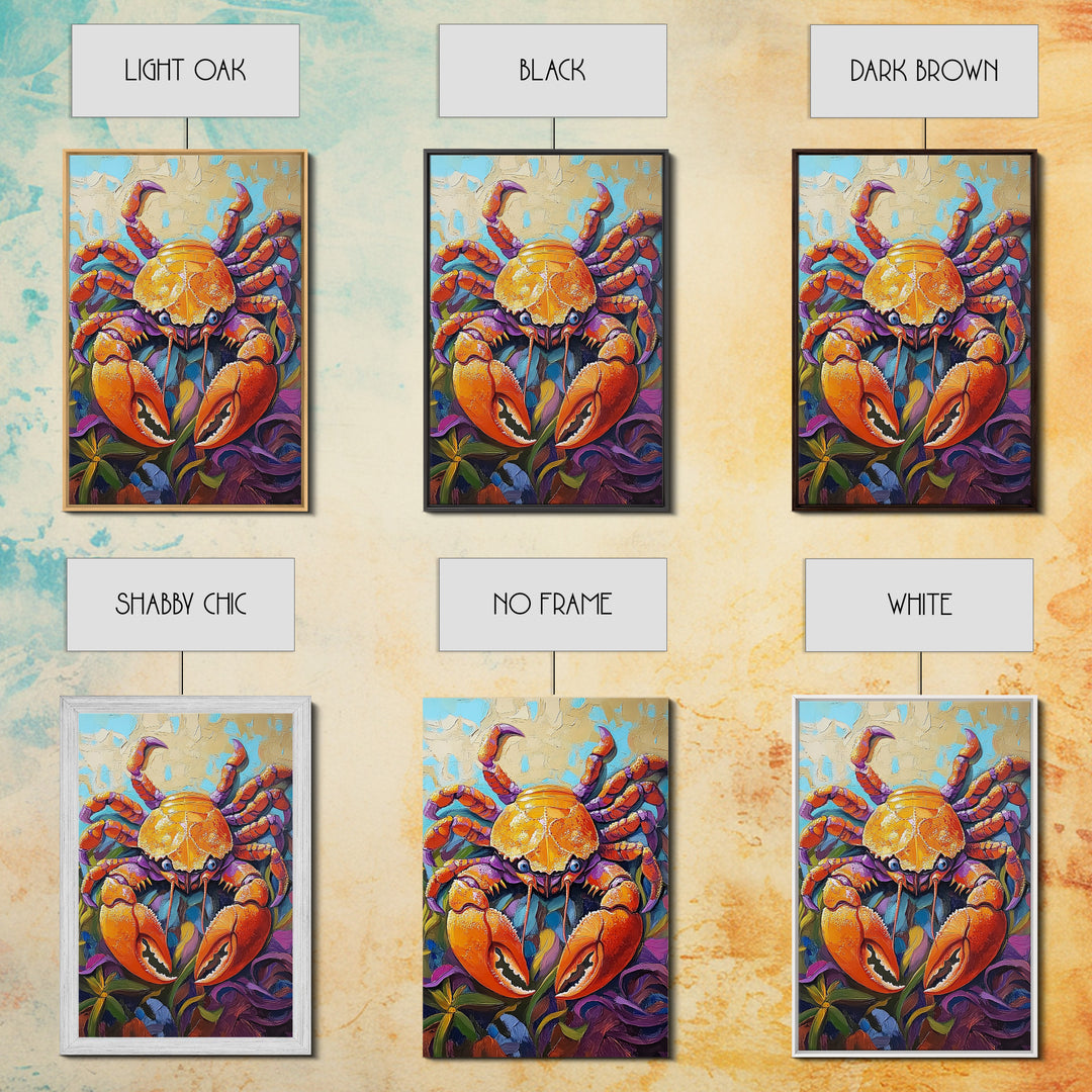 Crab Ocean, Bold, Seafood, Framed Canvas Print, Colorful crab painting with vivid detail, fun nautical art, beach kitchen decor