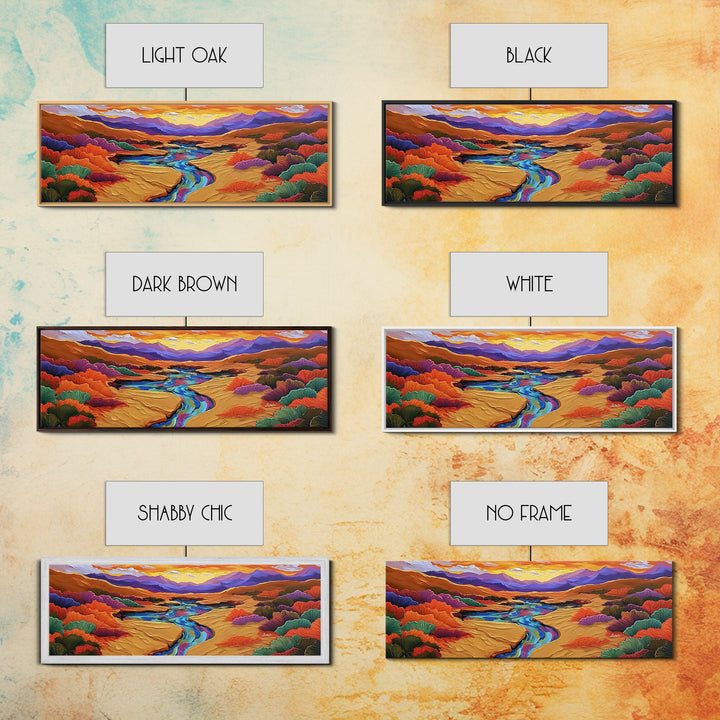 Desert River Sunset, Bold Nature Painting, Vibrant Landscape, Fall Wall Decor, Earthy Living Room Framed Canvas Print, Beach House Wall Art