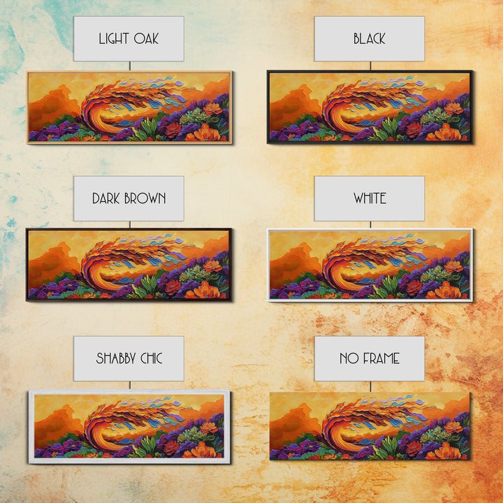 Abstract Wave, Fiery Floral Splash, Boho Landscape Art, Framed Canvas Print, Bold Living Room Statement Wall Decor