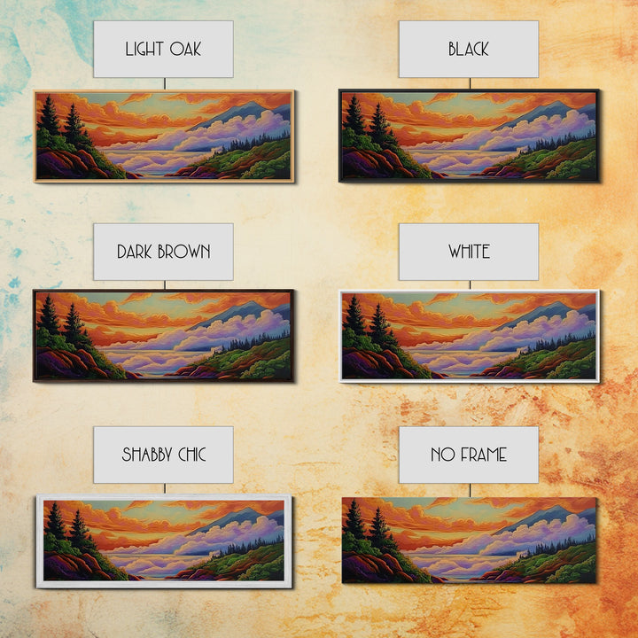 Cloudy Mountains, Sunset Glow, Forest Horizon, Tranquil Vibes, Framed Canvas Print, peaceful landscape, bedroom wall art