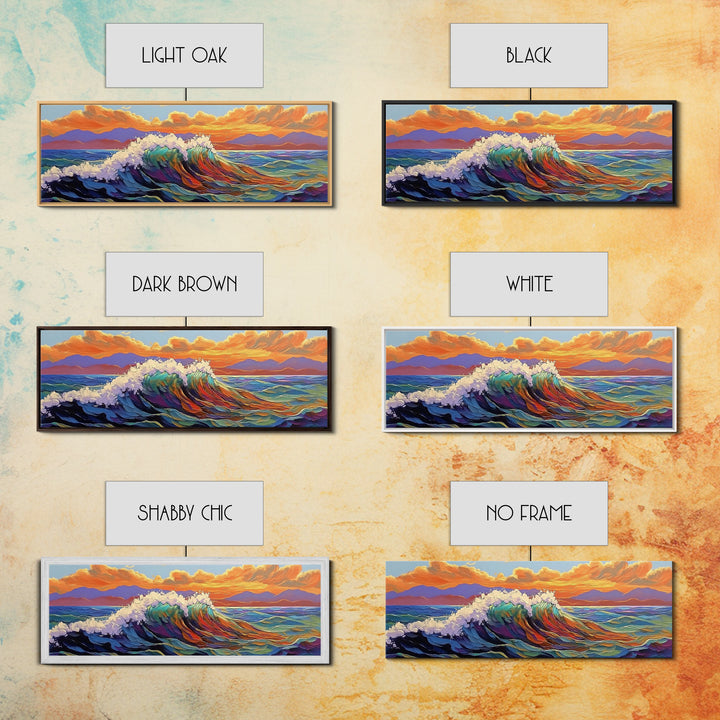 Ocean Wave Sunset, Vibrant Seascape Painting, Tropical Horizon Scene, Framed Canvas Print, Coastal Wall Art, Nautical Decor