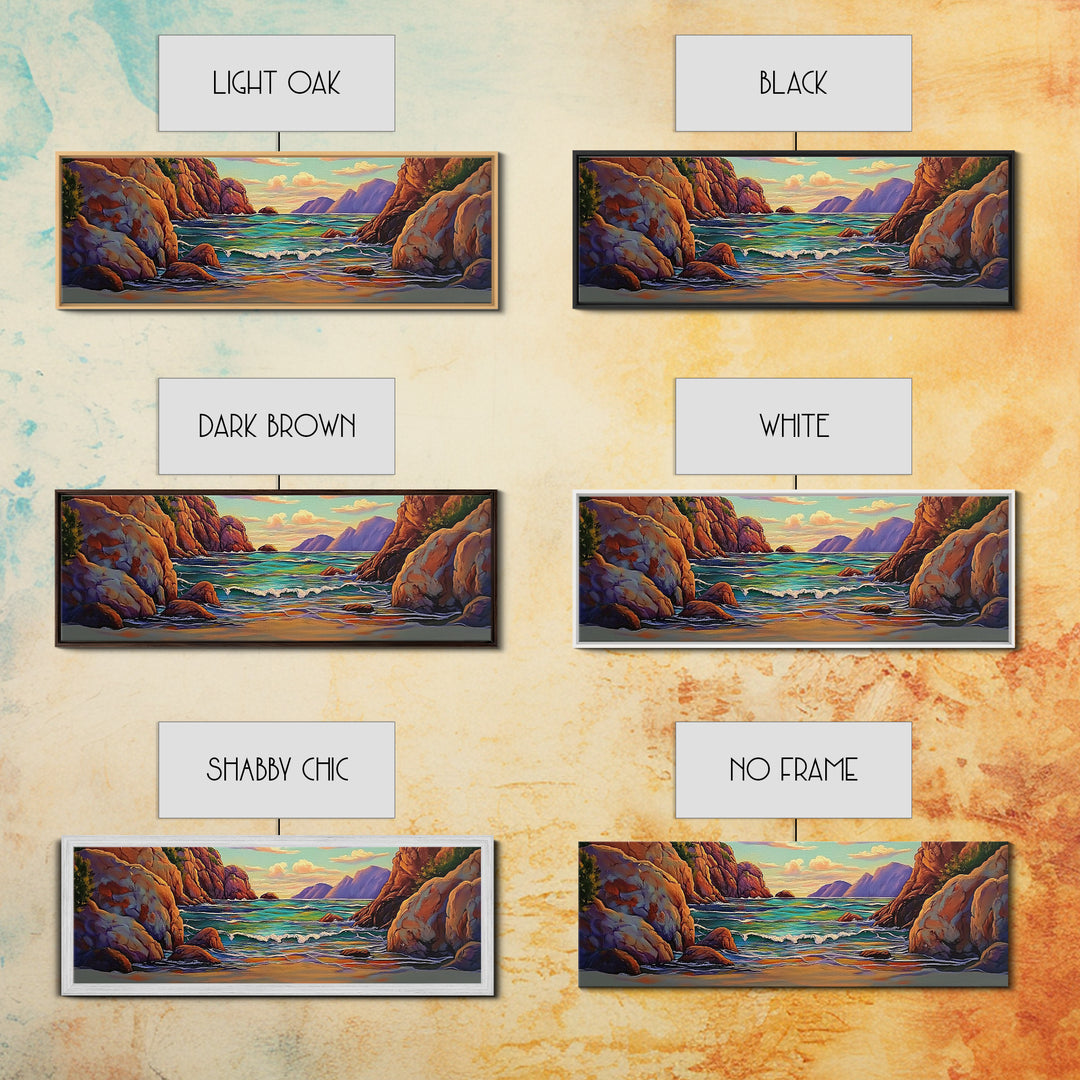 Rocky Cove, Sunset Ocean, Wave Art, Coastal View, Framed Canvas Print, Bathroom Wall Art, Earth Tones, Seascape Canvas Decor