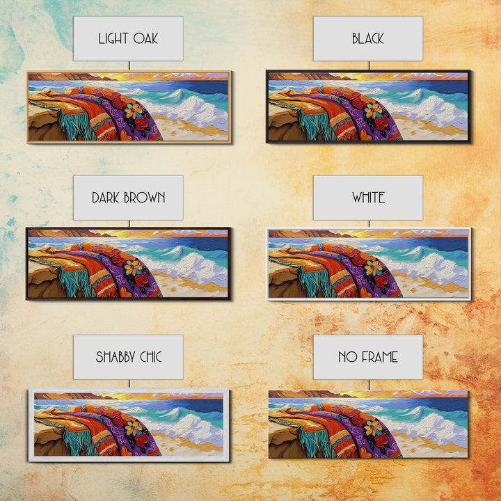 Ocean Blanket Painting, Sunset Coastline Scene, Canvas Print, Coastal Boho Wall Art, Bedroom or Beach House Decor
