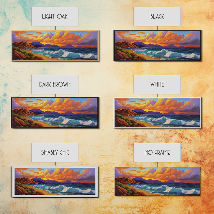 Coastal Sunset Glow, Ocean Horizon, Vibrant Wave Art, Framed Canvas Print, Living Room Wall Art, Colorful Beach Landscape