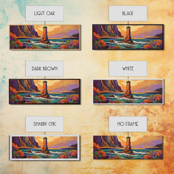 Ocean Rock Island, Sunset Coastline, Floral Foreground, Canvas Print, Living Room Wall Art, Mystical Nature Landscape