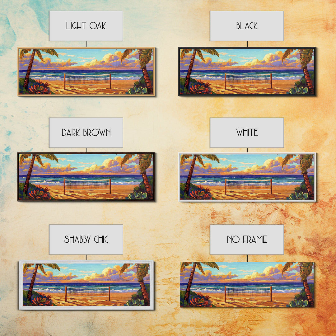 Beach Sunset, Palm Trees, Volleyball Net, Tropical Decor, Framed Canvas Print, Coastal Wall Art, Boho Beach Vibes, Game Room Art