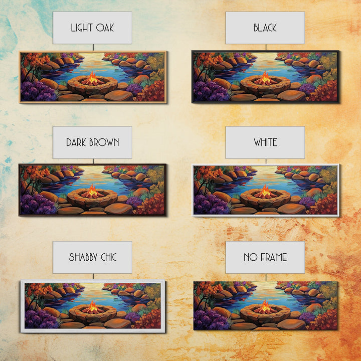 Campfire by River, Autumn Glow, Cozy Outdoor Scene, Framed Canvas Print, fall landscape, rustic decor, lodge wall art, den artwork