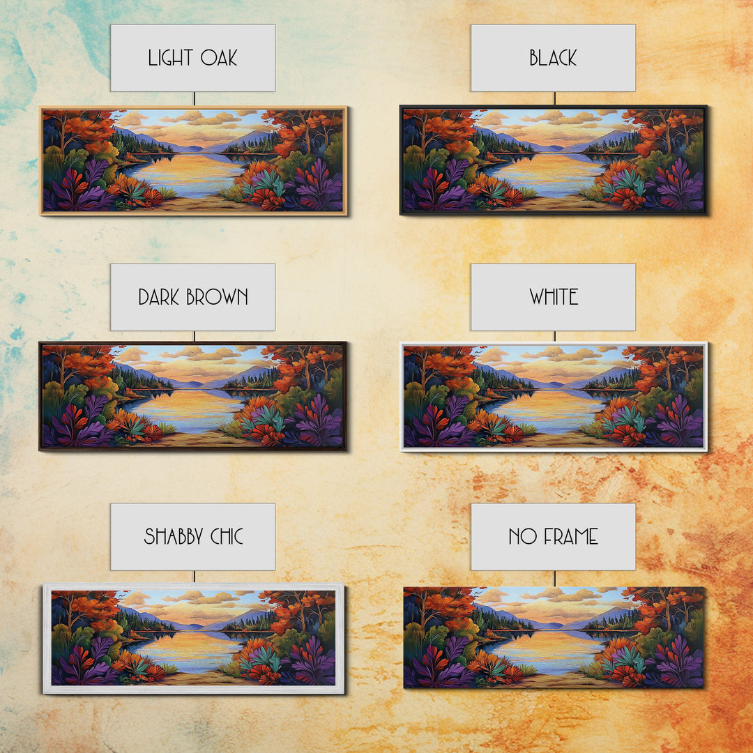 Autumn Lake Reflection, Tranquil Nature Painting, Fall Forest Sunset, Framed Canvas Print, Cozy Living Room or Cabin Wall Decor