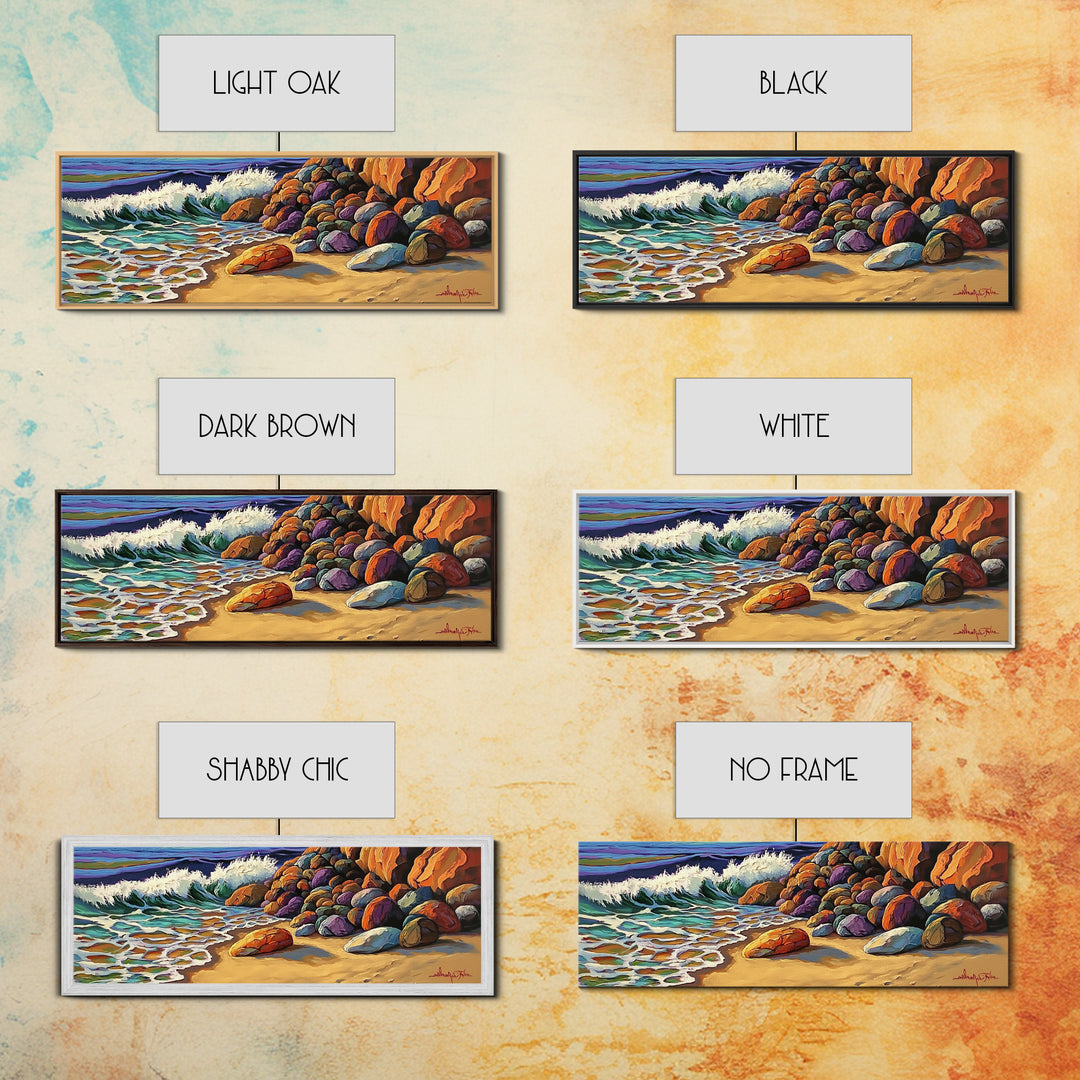 Rocky Shoreline Waves, Ocean Rocks Art, Seaside Spray, Framed Canvas Print, Bathroom Coastal Wall Art, Bold Beach Style, Nautical Decor