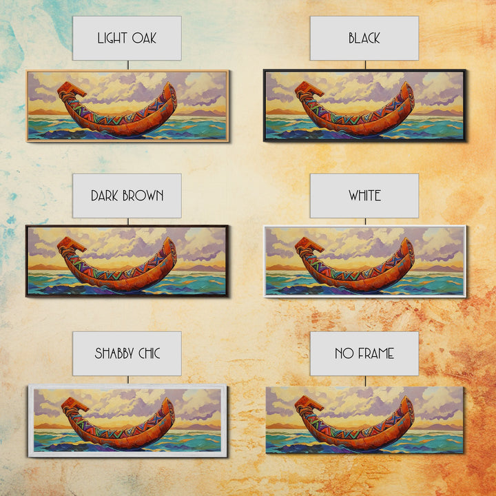 Tribal Canoe, Ocean Spirit, Ethnic Decor, Sunset Waterscape, Framed Canvas Print, Rustic Coastal Art, Living Room Adventure Decor