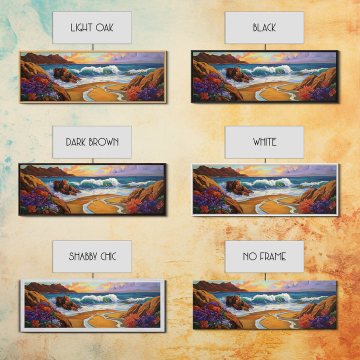 Coastal Wave, Bold Surf, Rocky Sunset, Flower Shoreline, Framed Canvas Print, Nautical Art, Bathroom Beach Landscape Decor