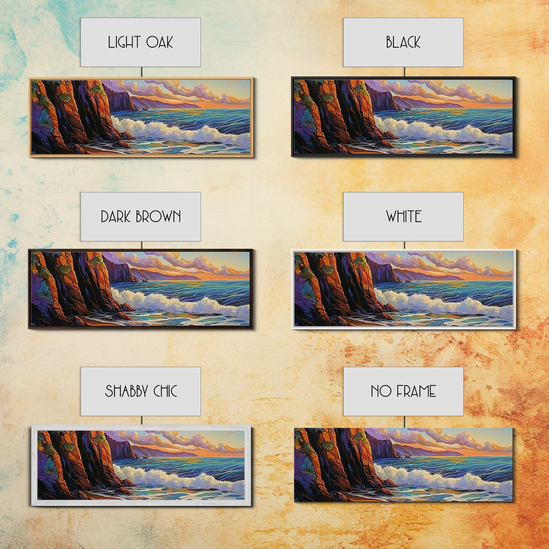 Coastal Cliff, Ocean Waves, Sunset Water, Rocky Shoreline, Framed Canvas Print, Bathroom Wall Art, Vibrant Seascape, Beach House Style