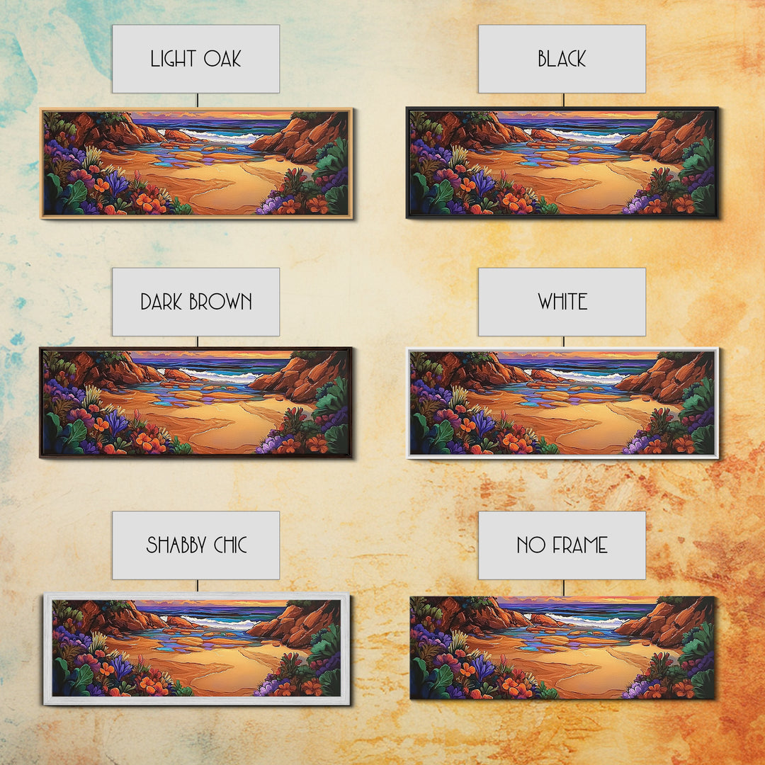 Rocky Beach Cove, Tropical Floral Ocean Art, Sunset Coastline View, Framed Canvas Print, Bathroom Wall Art, Nature Inspired Style