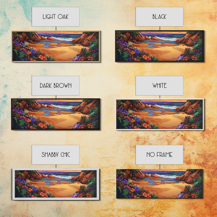 Rocky Beach Cove, Tropical Floral Ocean Art, Sunset Coastline View, Framed Canvas Print, Bathroom Wall Art, Nature Inspired Style