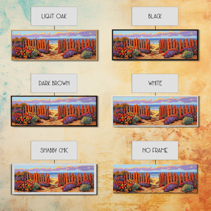 Beach Fence Trail, Ocean Coastal View, Sandy Pathway, Framed Canvas Print, Vibrant Seaside Art, Bathroom or Entryway Decor