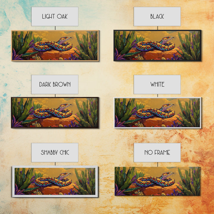 Desert Snake Scene, Vibrant Reptile Art, Cactus Wildlife, Framed Canvas Print, Bold Southwest Wall Decor, Nature Inspired Room