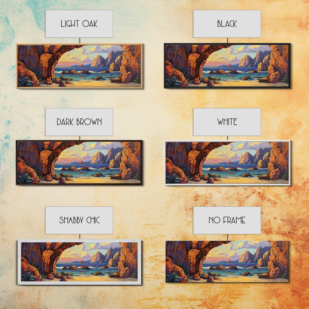 Coastal Archway View, Rocky Beach Sunset, Ocean Serenity, Framed Canvas Print, Nautical Living Room Art, Seaside Escape Scene